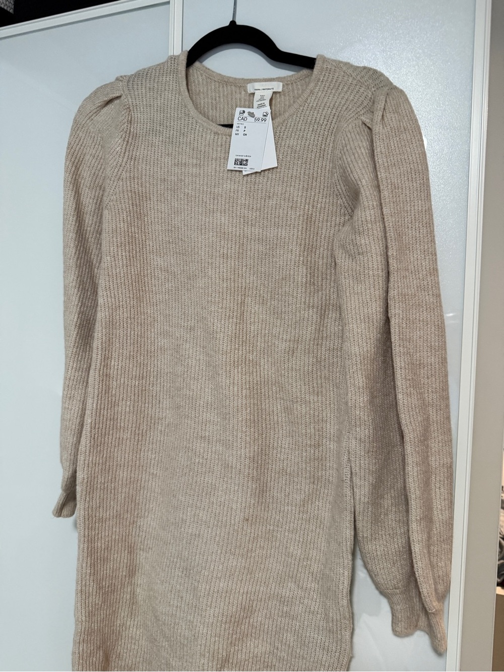 H&M Beige Ribbed Crewneck Sweater Dress with Puff Shoulders